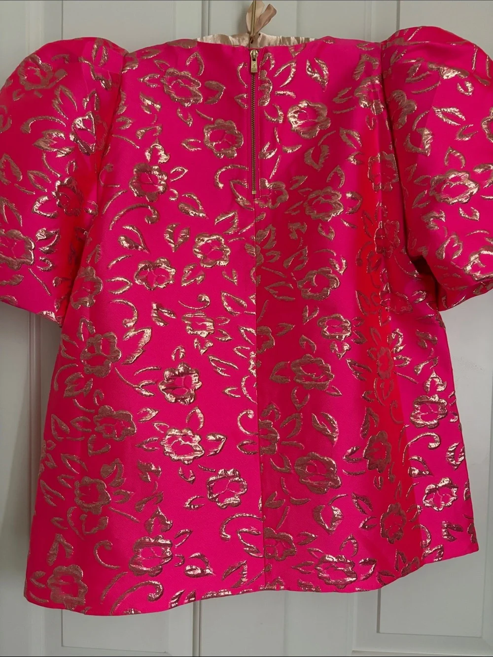 Lilly Pulitzer Bright Pink and Gold Puff Floral Brocade Blouse